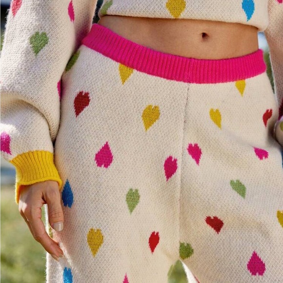 Heart sweater pants 2 PCS SET knit rainbow multicolor hearts cream pink - Picture 4 of 4